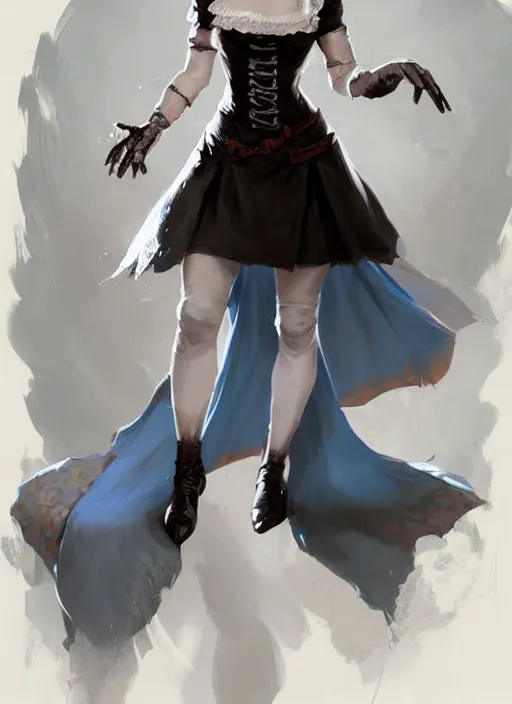 Image similar to dnd character concept art by craig mullins and tom bagshaw of full body!! illustration of a beautiful platinum blonde victorian maid. beautiful slender face, playful updo, big blue eyes, fine pointy chin, slender nose, high cheek bones, soft lips. maid in a black dress with white apron. lace, embroidery, leather, studs.