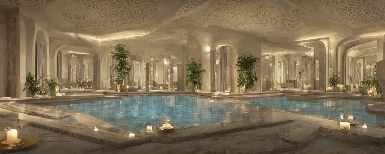 Image similar to 3 d render of a cinematic interior of a triple height hyper luxury spa with everything made of gold, candles, windows with view to desert mountains and river, beige stone marble floor with reflection, small wellness relaxation pool, potted plants, intricate hieroglyph detailed roof, contemporary design, fractal sacred geometry, 8 k, hyperrealistic, photorealism,