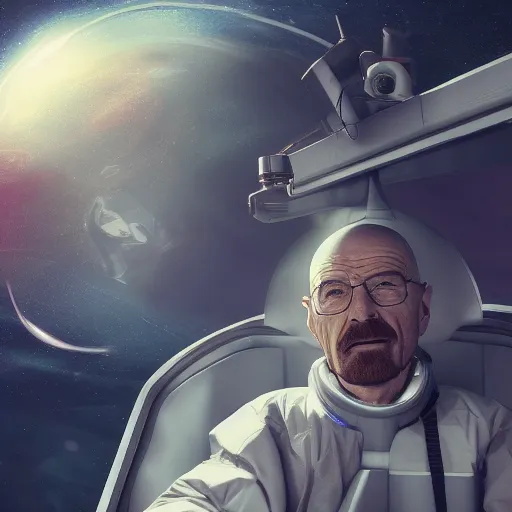 Prompt: Walter White riding inside of a space ship, orbiting a strange planet, hyperdetailed, artstation, cgsociety, 8k