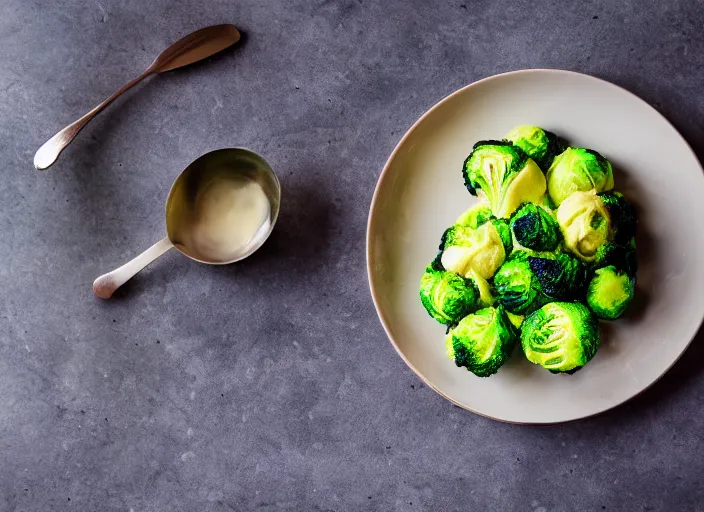 Image similar to dslr food photograph of broccoli and brussel sprout ice cream, 8 5 mm f 1. 8