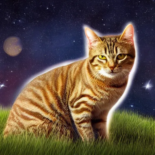 Prompt: beautiful portrait of a tabby cat, centred in frame sitting on a grass hill, staring away from the camera, looking at a massive construction around a star in the distance, technological singularity, dramatic, trending on artstation, digital art, stellaris matrioshka brain