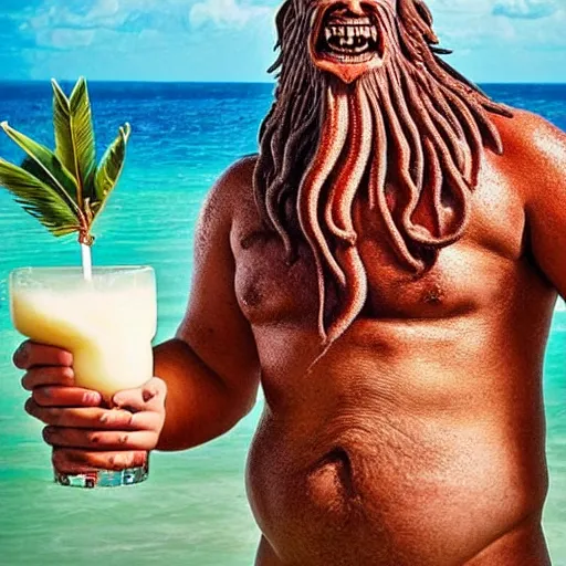 Prompt: Great Old One Cthulhu with a dad bod wearing shorts and sandals and drinking pina colada from a coconut at a sunny beach,