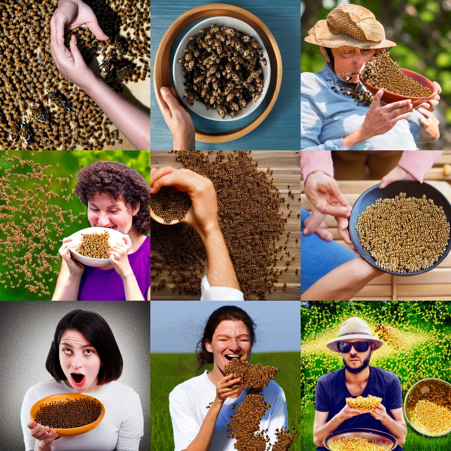 Prompt: person eating a bowl of bees, stock photo, 4 k hd