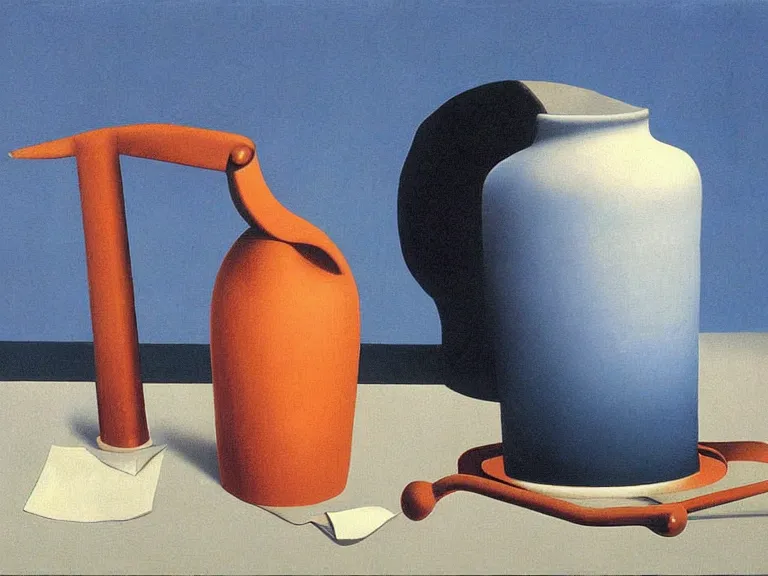 Image similar to common objects, painting by rene magritte, high detail, high resolution