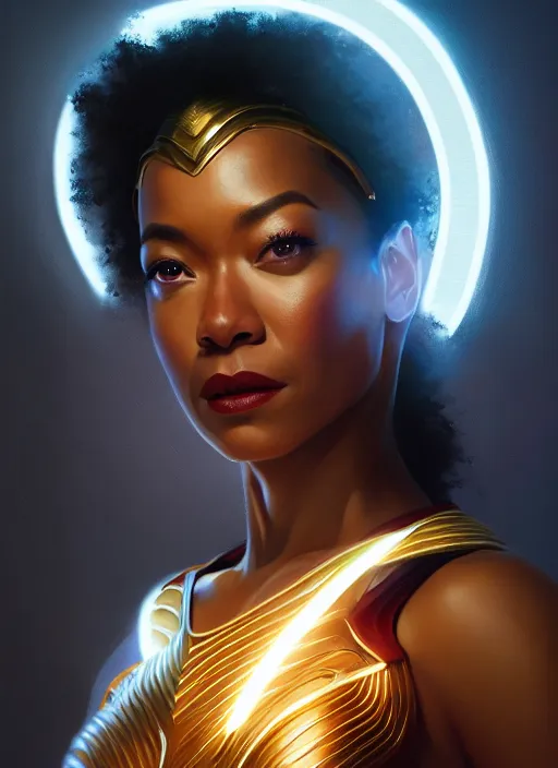 Image similar to portrait of modern darna, sonequa martin - green, intricate, elegant, glowing lights, highly detailed, digital painting, artstation, glamor pose, concept art, smooth, sharp focus, illustration, art by wlop, mars ravelo and greg rutkowski