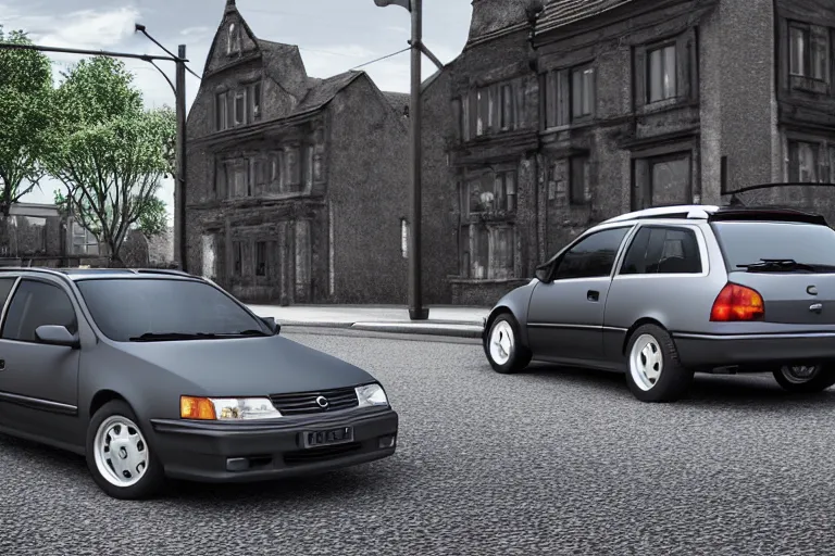 Prompt: photo of one dark grey 1992 opel astra sports tourer parked on a street corner, photorealistic, detailed, 4k,