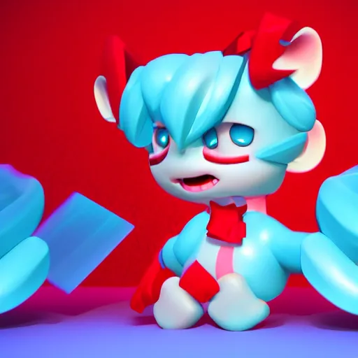 Image similar to a cute cyan crystal character design wearing a red cloth strip on top, 4K HD, 3D render