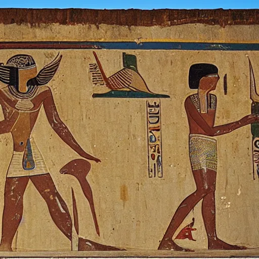 Prompt: a man swimming at a beach, artwork by ancient egyptian mural, tomb, fresco, register, hieroglyphics.