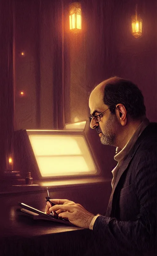 Image similar to portrait of salman rushdie writing in the dark, deep focus, blade runner 2 0 4 9, fantasy, intricate, elegant, highly detailed, digital painting, artstation, concept art, matte, sharp focus, illustration, art by artgerm and greg rutkowski and alphonse mucha