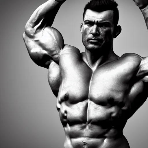 Image similar to extremely muscular ernest khalimov flexing, dslr, award winning, 8 k, octane beautifully detailed render, grayscale, cinematic lighting, detailed photo, masterpiece, volumetric lighting, ultra realistic, highly detailed, high quality, lossless, photorealistic, sharp focus, hd