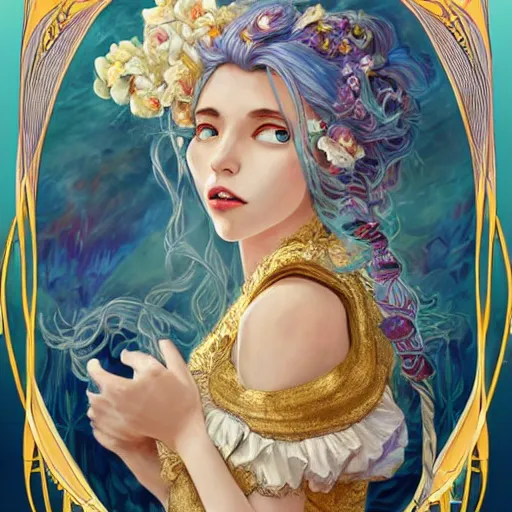 Image similar to breathtaking detailed painting by pilyeon and teffish on artstation, a full shot queen with long flowing bright blue hair, gauze dress and pastel flowers petals and golden tumultuous clouds, symmetrical facial features, at dawn in front of a pristine golden art nouveau cathedral, elegant, highly detailed, artstation, concept art, matte, sharp focus,