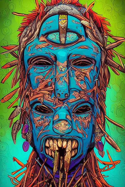 Prompt: totem animal shaman vodoo mask feather gemstone plant wood rock tribal video game illustration vivid color borderlands by josan gonzales and dan mumford radiating a glowing aura