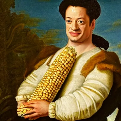 Image similar to a 1 6 0 0 s portrait painting of brendan fraser holding corn, intricate, elegant, highly detailed