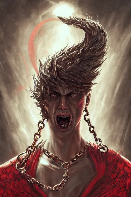 Image similar to lucifer, dark angel, red eyes, chain, handcuffs, large chain, wide open mouth, scream, cruelty, sad, sea bottom, light effect, hyper detailed, intricate, elegant, highly detailed, digital painting, artstation, concept art, matte, sharp focus, illustration, by dan mumford, yusuke murata, makoto shinkai, ross tran