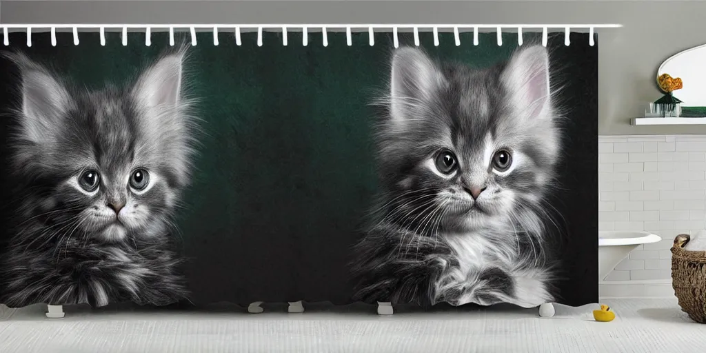 Image similar to a ( ( ( ( ( maine coon kitten ) ) ) ) ) baby yoda artwork themed shower curtain, shower curtain. product photography. product lighting. digital art. 4 k, highly detailed. saturated.