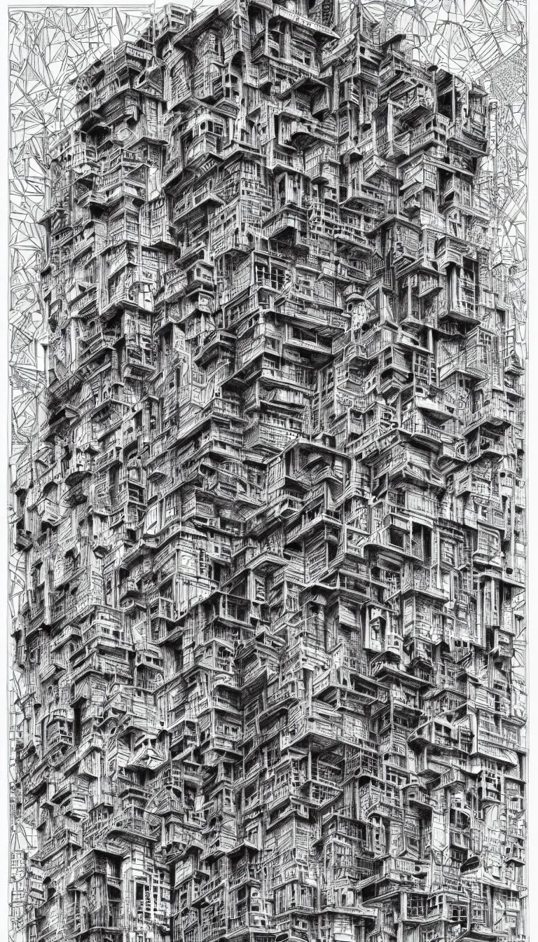 Image similar to a black and white drawing of a building, a detailed mixed media collage by hiroki tsukuda and eduardo paolozzi, intricate linework, sketchbook drawing, street art, polycount, deconstructivism, matte drawing, academic art, constructivism