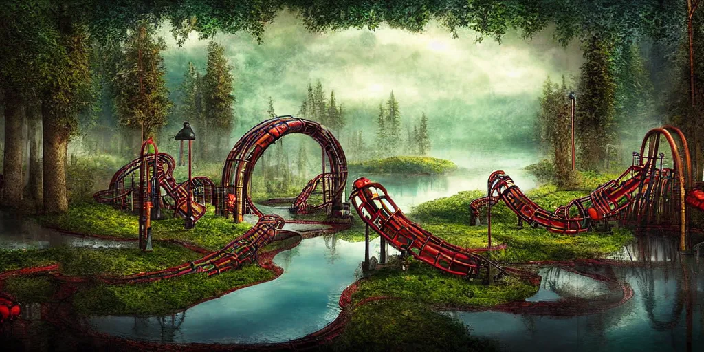 Image similar to pipe factory playground built on a forest lake, award winning art, epic dreamlike fantasy landscape, art print, science fiction, ultra realistic,