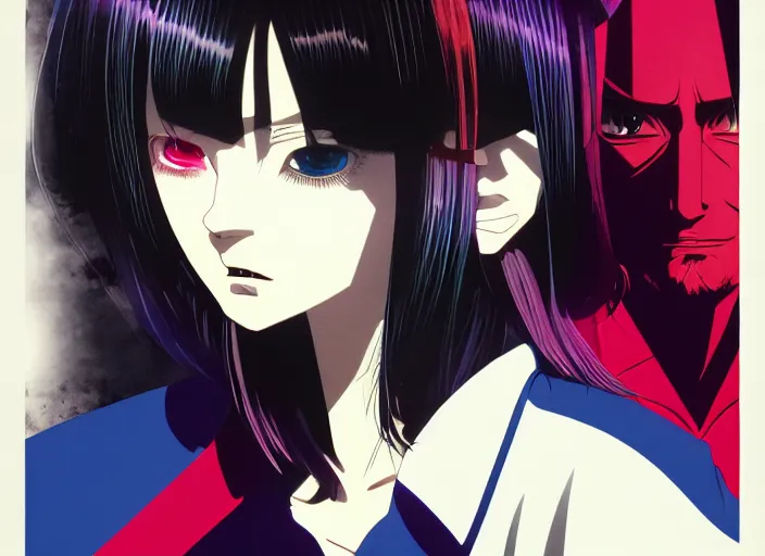 Image similar to editorial illustration by Narumi Kakinouchi and Karolis Strautniekas and Mads Berg, colorful, anime portrait vampire princess miyu, katsuhiro otomo, Ilya kuvshinov,fine texture, smooth cel shading, fine details, matte print, film noir, dramatic lighting, dynamic composition, cinematic, film grain, moody, vivid, volumetric,stippled lighting