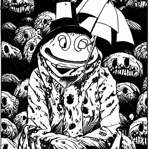 Prompt: Kermit the Frog in a manga by Junji Ito, illustration, creepy, frightening