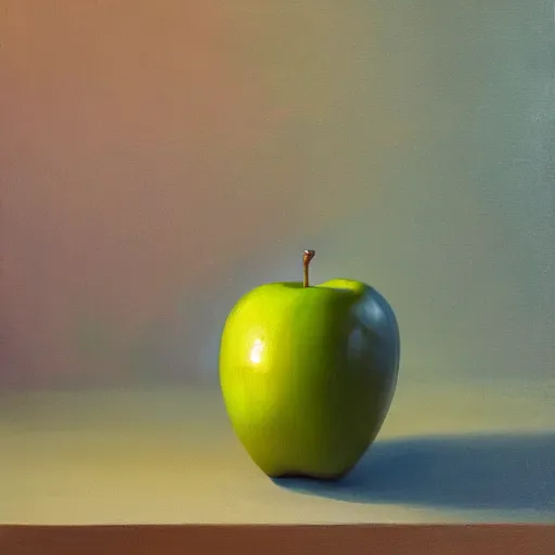 Prompt: Painting of a apple made of transparent glass, the sun illuminating the apple from within, oil on canvas by Buchholz Quint, artstation trending, 8k