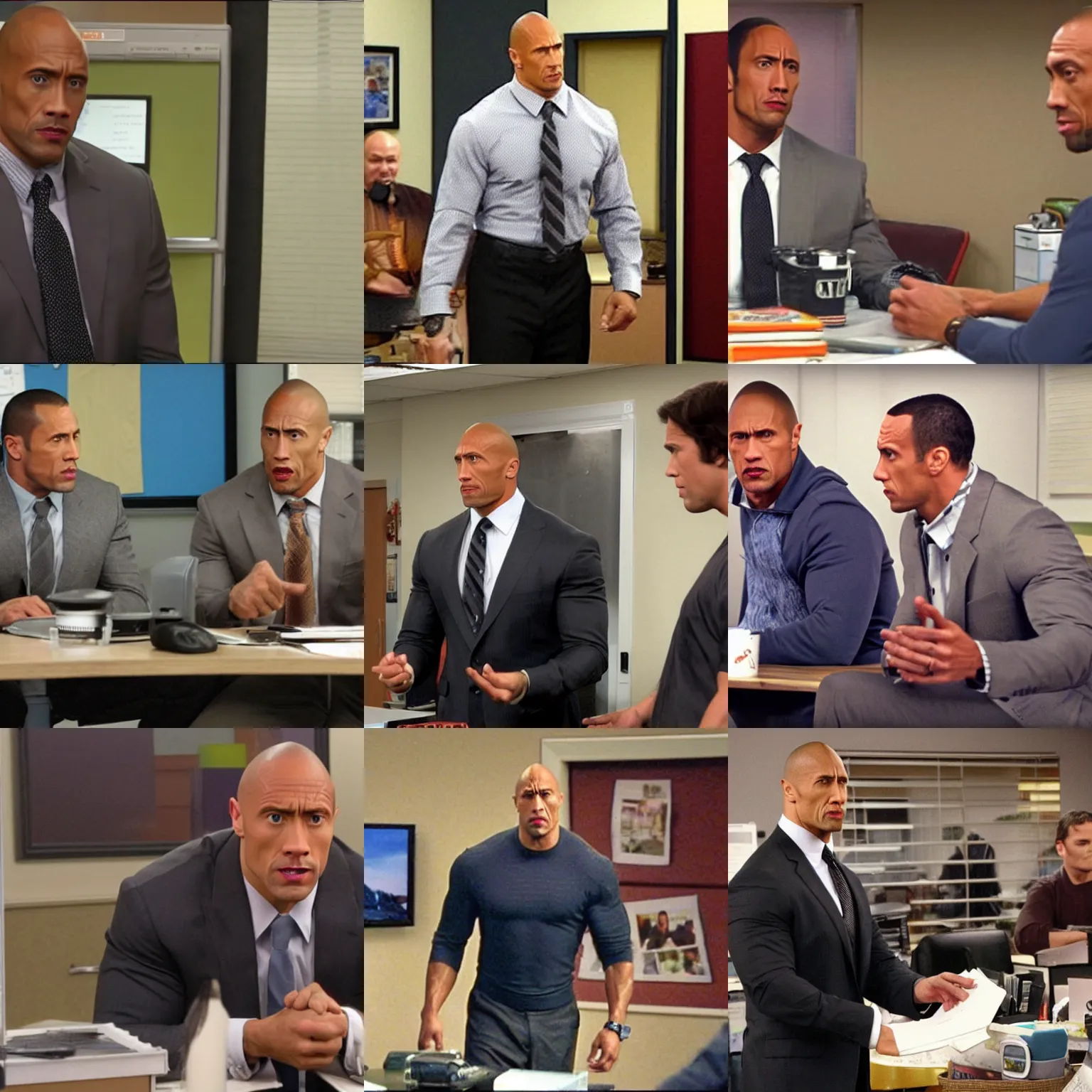 Prompt: the Rock in a The Office tv show episode