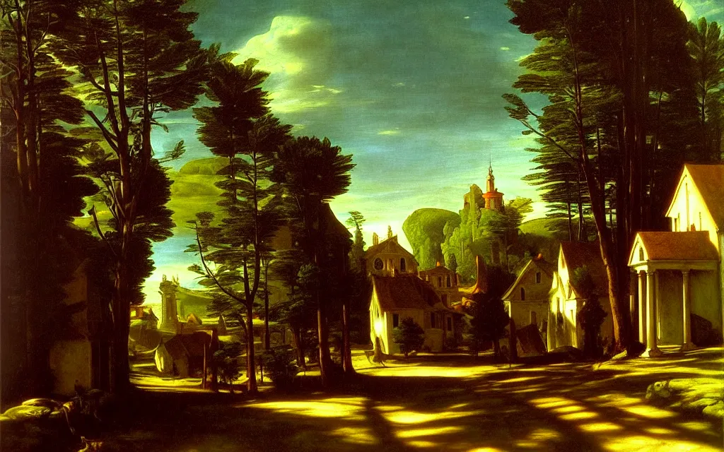 Prompt: in the style of gerald brom, caravaggio, thomas cole, beautiful small town, houses and buildings, 1 8 0 0 s, cobblestone roads, mid day, forest in the distance