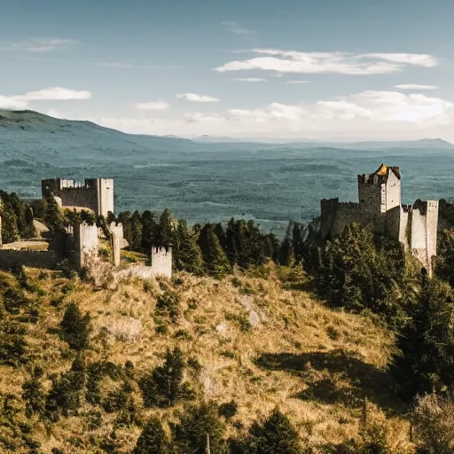 Image similar to Castle on top of a mountain, mountain top castle, medieval castle, in the distance, taken from afar, 8k, photography