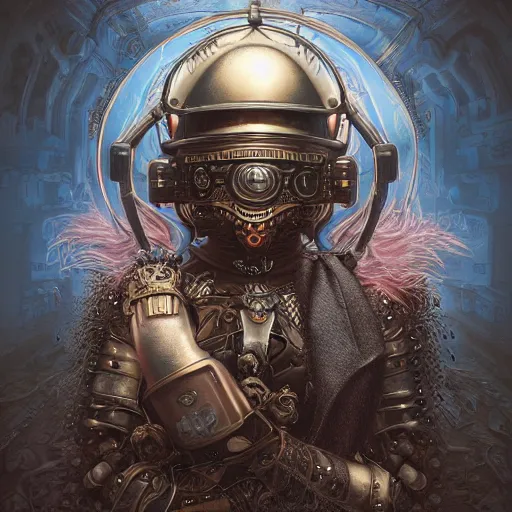 Prompt: dan mumford tom bagshaw, dream world curiosities carnival flying, photorealistic medium shot octane render of a single very beautiful thicc female helmet face full long cyberpunk metallic armored ornate, accurate features, focus, very intricate ultrafine details, award winning masterpiece, steampunk world spikes