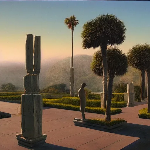 Prompt: David Ligare masterpiece, scifi nightscape, planets, hyperrealistic surrealism, award winning masterpiece with incredible details, epic stunning, infinity pool, a surreal vaporwave liminal space, highly detailed, trending on ArtStation, broken giant marble head statue ruins, calming, meditative, geometric liminal space, palm trees, very vaporwave