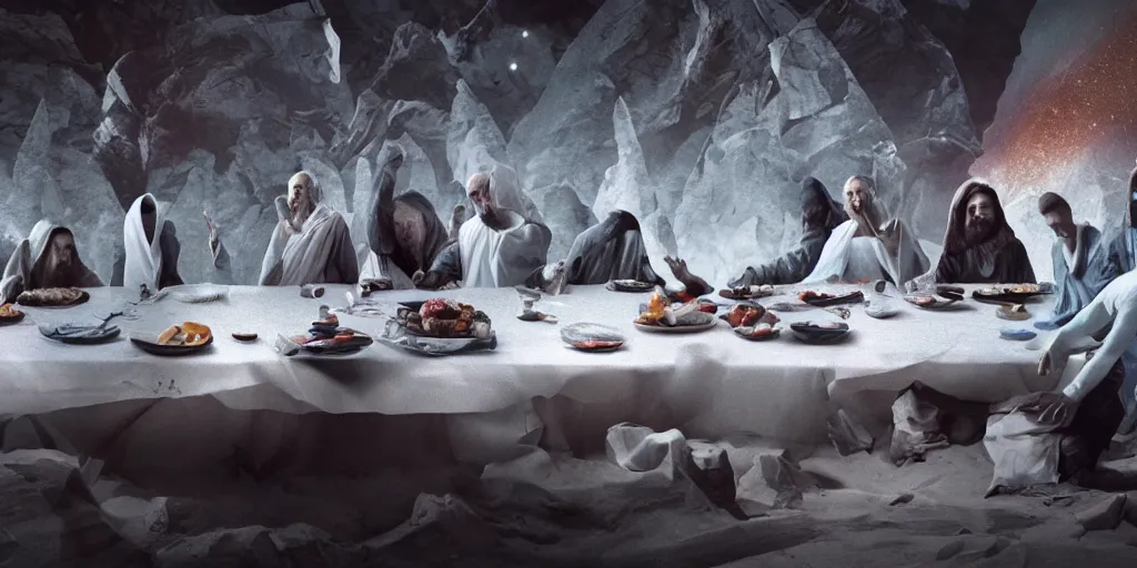 Image similar to three body problem alien, photo - realistic render, movie scene, still photo, the last supper