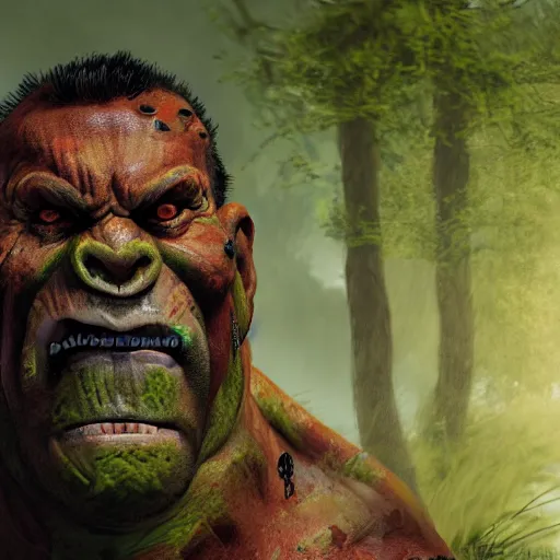 Image similar to A comic book style portrait painting of a fantasy orc warrior male in a swamp setting, unreal 5, DAZ, hyperrealistic, octane render, RPG portrait, ambient light, dynamic lighting