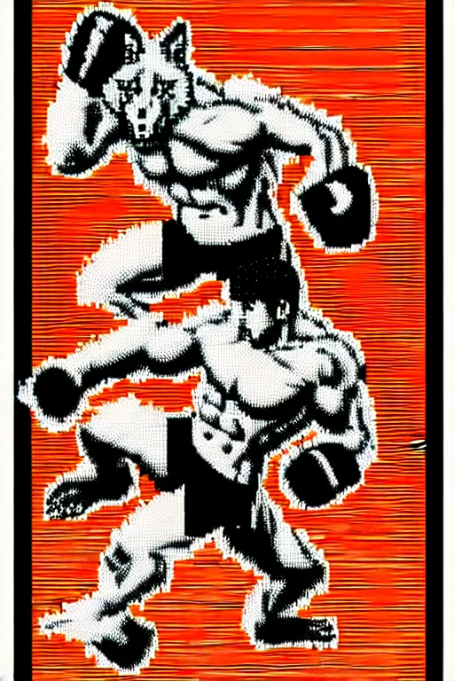 Image similar to extreme long shot. 8 bit nes graphics. hermann nitschantropomorphic muscular masculine wolf. kickboxer fighter, in shorts. wolf head. art from nes game cartridge,