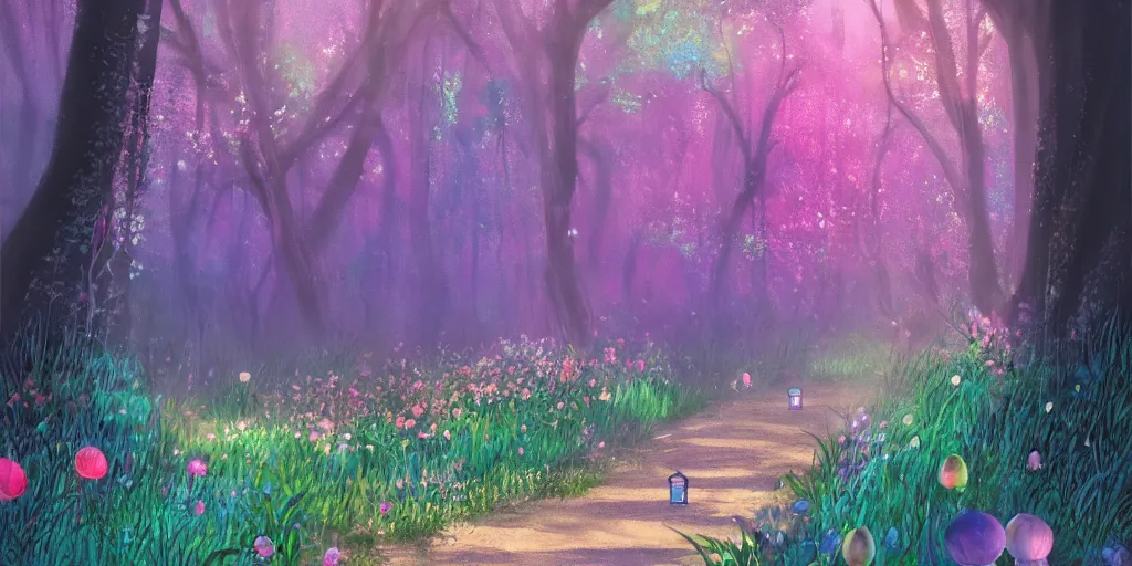 Image similar to path through a wide forest, modern flowers and fierflies, lanterns. pastel!! watercolor art, expansive cinematic view, volumetric shading, intricate and detailed, highly saturated colors. by madeon. breath of the wild style, by hayao miyazaki ghibli!!!. pink!! accents. trending on artstation. award winning