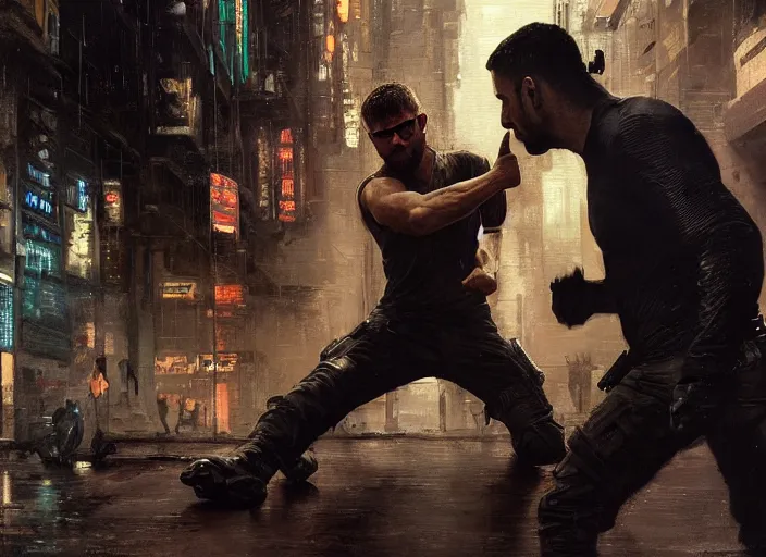Image similar to sam fisher knocking out a guard ( blade runner 2 0 4 9, dystopian, cyberpunk 2 0 7 7 character design ). orientalist portrait by john william waterhouse and james gurney and theodore ralli and nasreddine dinet, oil on canvas. cinematic, hyper realism, realistic proportions, dramatic lighting, high detail 4 k