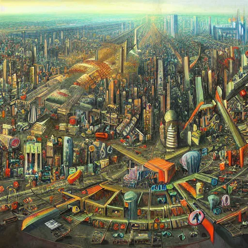 Image similar to a fantastic complex detailed painting of a chaotic city by Heironymous Bosch