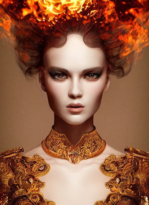 Prompt: 3d fashion portrait with fire, female, future, torch, flame, harper's bazaar, vogue, fashion magazine, intricate, concept art, close up, ornate, luxury, elite, elegant, trending on artstation, by ruan jia, by Kenneth Willardt, by ross tran, by WLOP, by Andrei Riabovitchev,