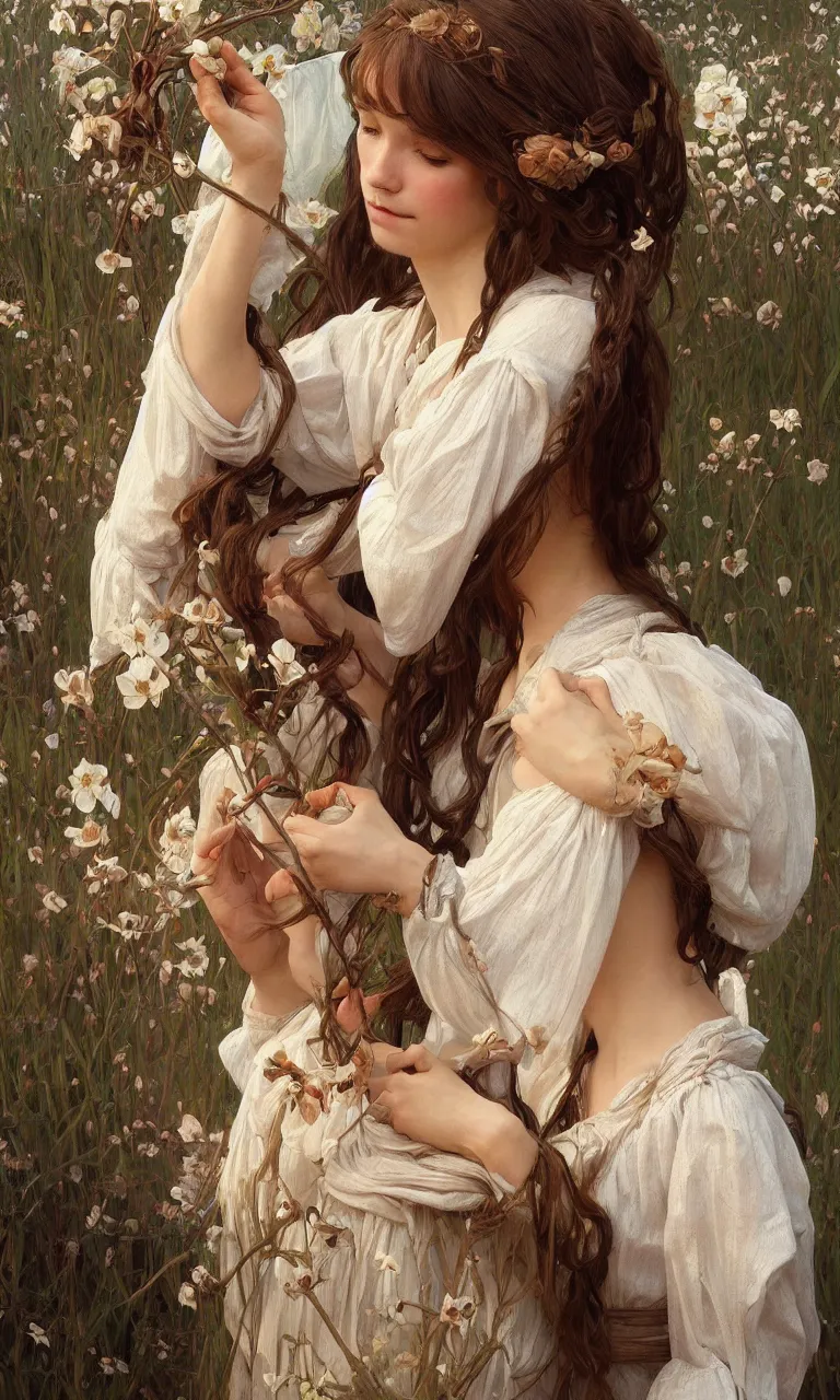 Image similar to beautiful cottagecore young peasant maiden, innocent, intricate, elegant, highly detailed, digital painting, artstation, concept art, smooth, sharp focus, illustration, art by artgerm and greg rutkowski and alphonse mucha