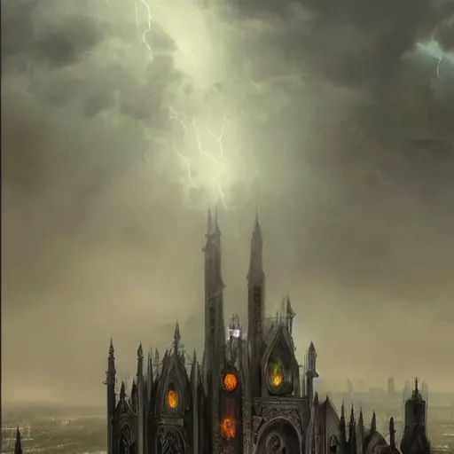 Prompt: an ultra detailed tarot card of a lonely and impossibly tall ominous gothic dark citadel tower of the evil patriarch, elevated high above the city, in a river elevated high above the city, fantasy capital city, ultrawide lense, aerial photography, scary thunderstorm, light fog, volumetric lighting, exquisite detail, 8 k, art by greg rutkowski and alphonse mucha