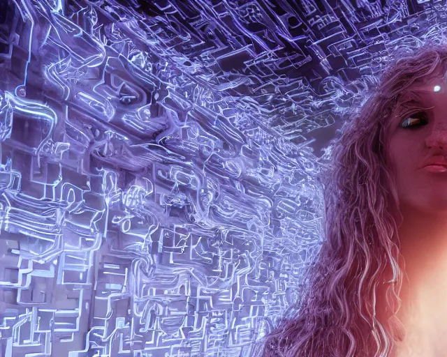 Image similar to glowing hair, supercomputer complex cybernetic beings, beautiful hairy humanoids, cybergods, cybermagnetosphere, cybernetic civilizations, ornate hair, love, joy, vortexes, large arrays, data holograms, 8 k, cinematic light shadows, wet hdr refractions