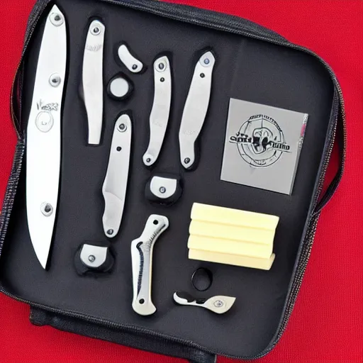 Image similar to typical 0 0 7 torture kit with blades, plyers, dental knives, razors, kit