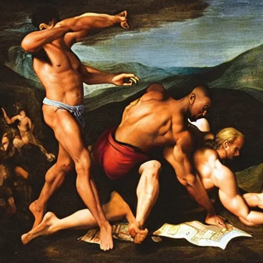 Prompt: will smith punching chris rock, the creation of adam, style of michaelangelo, biblical reference