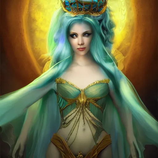 Image similar to detailed portrait of a fairy queen with wings wearing a silk robe, crown, pixie, iris, realism, emerald, galaxy, sapphire,blonde hair going down to the floor, moonlit, wearing a bejeweled mask, dark fantasy, dramatic lighting, cgsociety, artstation