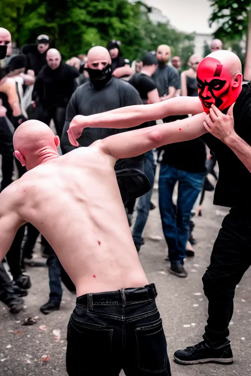 Prompt: nazi skinhead fight with masked antifa, high resolution, photorealistic, smooth, details, 4 k, aesthetic lighting, baroque object, sharp focus, hyperdetailed object, professional photography, pullitzer winning, 8 0 0 photo by : canon eos 5 d mark iv, by karah mew and adnan abidi and jodie bateman