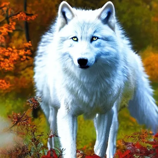 Prompt: white wolf with blue eyes, in the autumn forest, realistic, 8 к,