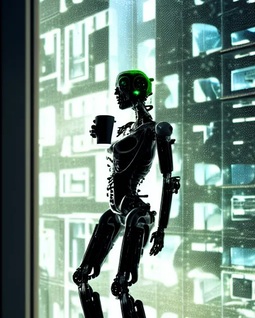 Image similar to a terminator cyborg lady with borg implants is drinking coffee near a window with dystopian city visible outside. tiny green led lights in her cybernetics. very detailed 8 k. horror cyberpunk style.