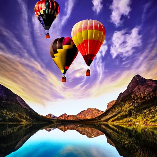 Image similar to photo of two black swans touching heads in a beautiful reflective mountain lake, a colorful hot air balloon is flying above reflecting off water, hot air balloon, intricate, 8k highly professionally detailed, centered, HDR, CGsociety