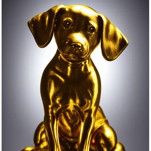 Image similar to detailed photo of a puppy statue made of gold, various posed, studio light, 8 k, photorealism, intricate detail, museum diffuse lighting
