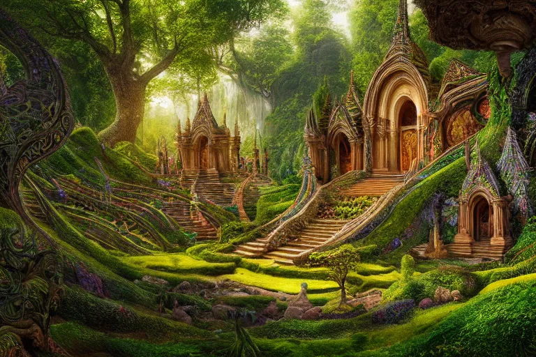 Prompt: a beautiful and highly detailed digital painting of an intricately designed elven temple in a lush valley, psychedelic patterns, intricate details, epic scale, 8 k, sharp focus, photorealism, artstation, cgsociety, by caspar friedrich, albert bierstadt, james gurney, alex grey, brian froud,