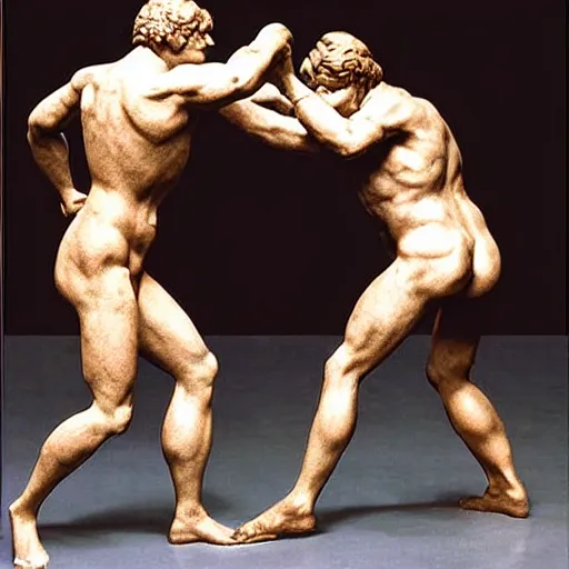 Image similar to conan o'brien and andy richter wrestling, by rodin, marble