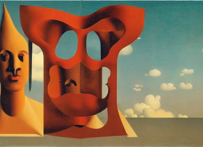 Image similar to infinite masks on a person, maddening forbidden knowledge, flying comb, strange machine by rene magritte and salvadore dali